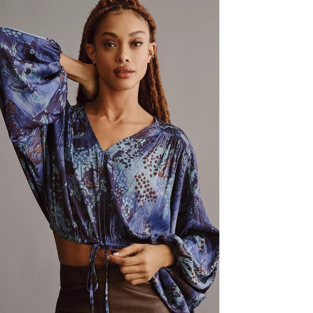 By Anthropologie Long-Sleeve Shine Cropped Blouse size S new floral top nwt